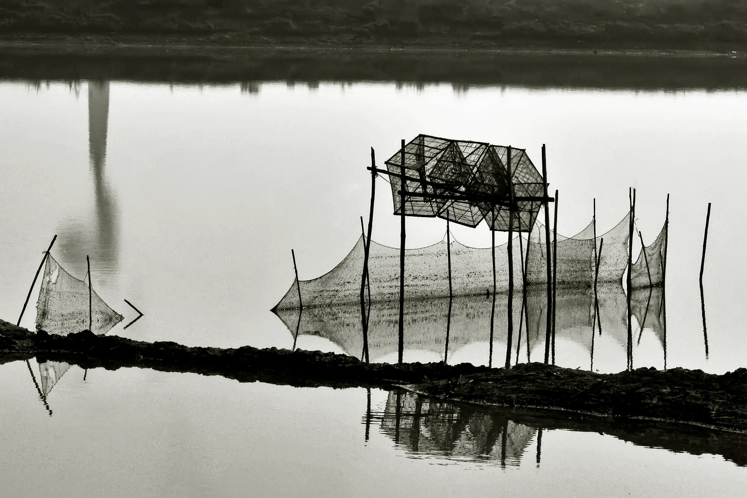 Fishing Nets Water Reflection Black And White by Twin Lens Kolkata