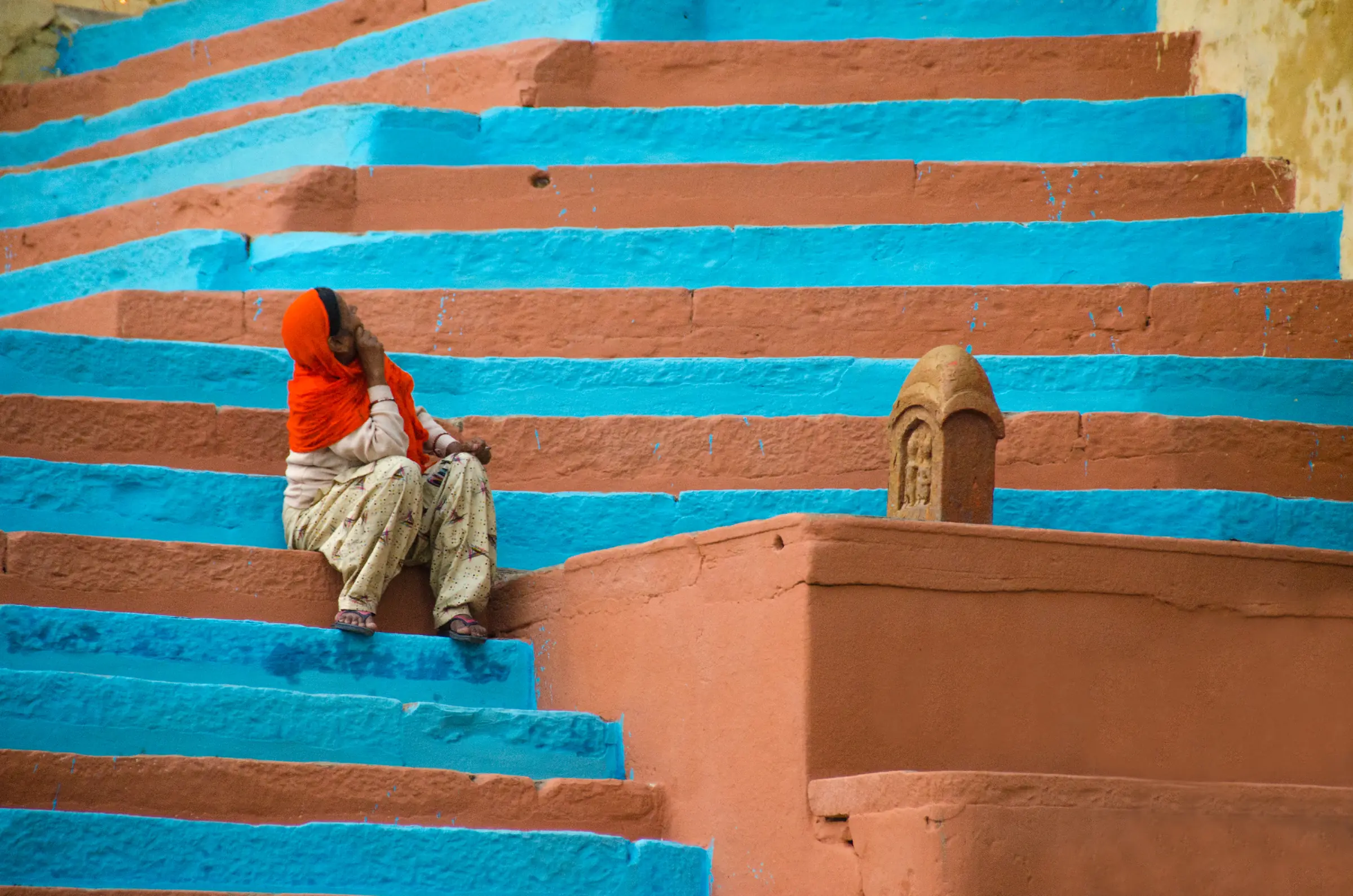 Woman On Colorful Temple Steps Photography by Twin Lens Kolkata