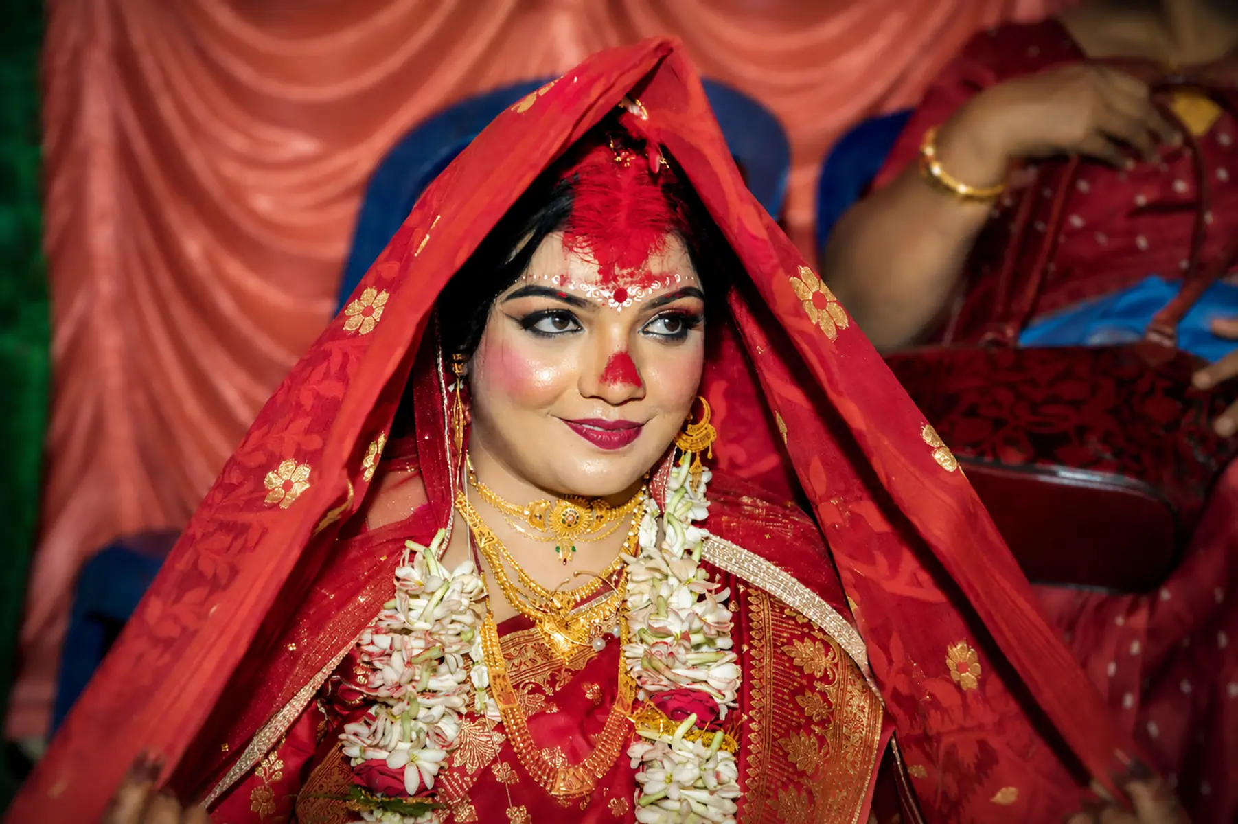 Bengali Bride Red Veil Closeup Portrait by Twin Lens Kolkata